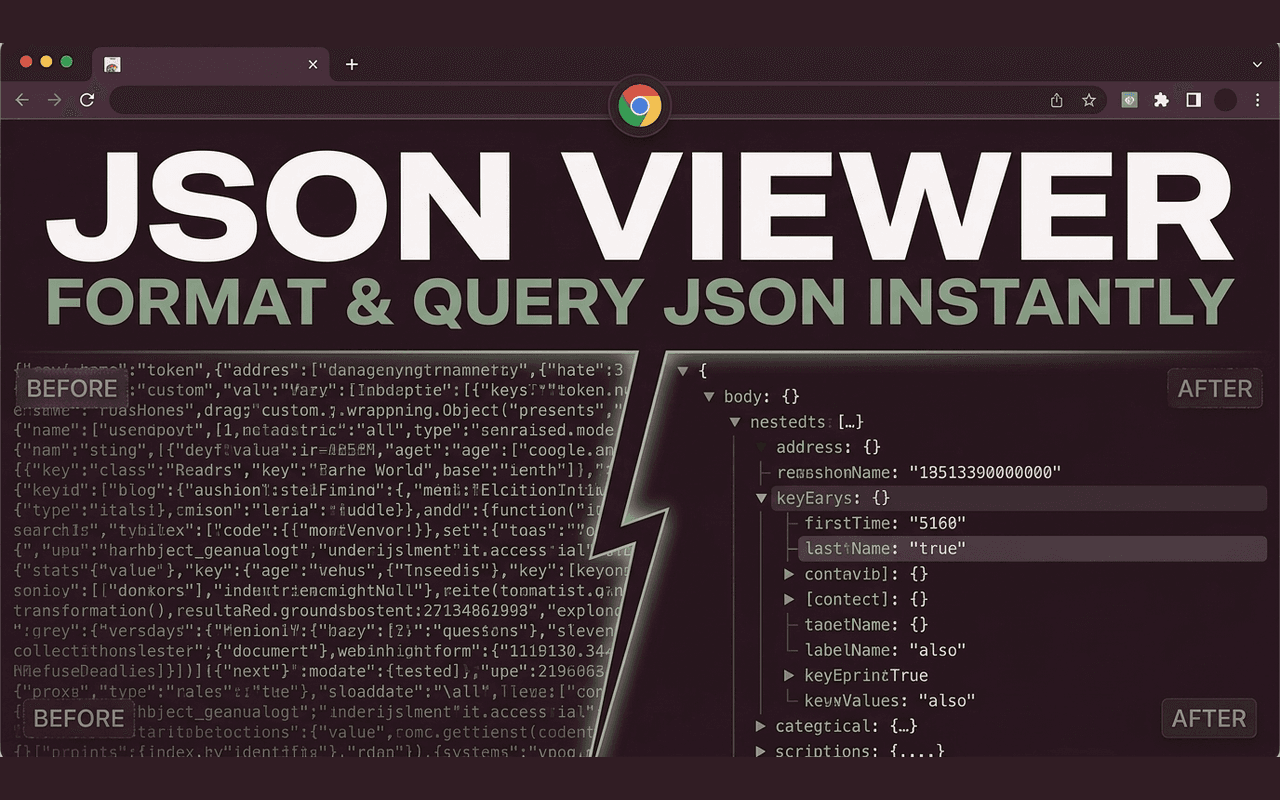 JSON Viewer promotional artwork illustrating its main feature